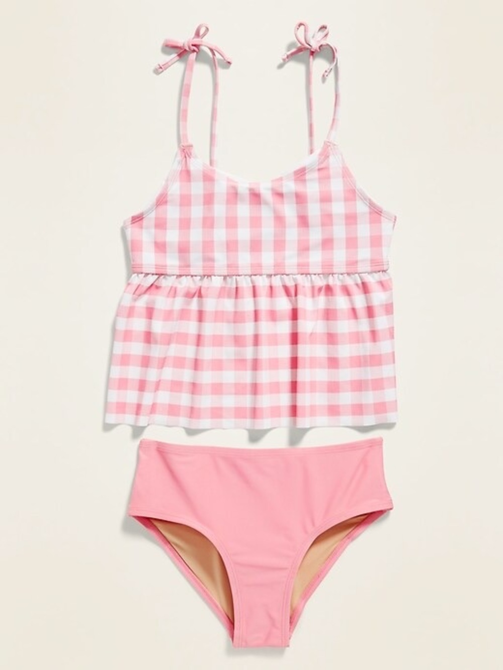 Old Navy Pink Gingham Peplum-Hem Tie-Shoulder Swim Set for Girls Size Large